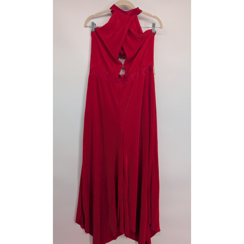 NWT By Anthropologie Plisse Pleated Open Back Halter Jumpsuit Size 12 Red MD455 - Picture 2 of 10